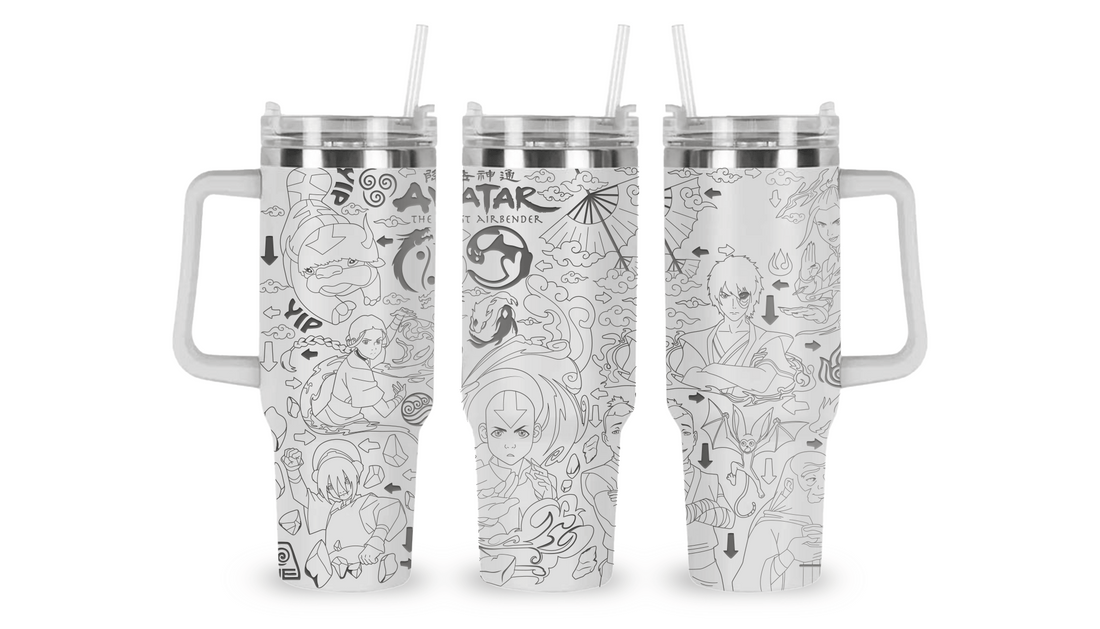 40oz stainless steel tumbler with an engraved Avatar: The Last Airbender design, featuring elemental symbols and iconic imagery.