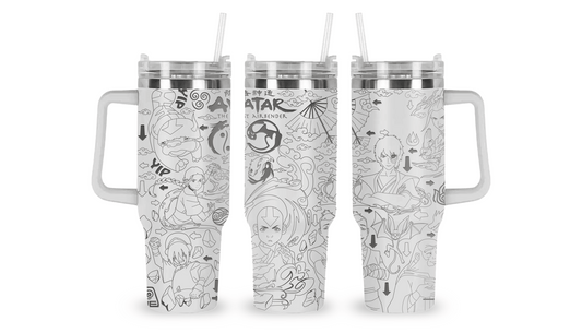 40oz stainless steel tumbler with an engraved Avatar: The Last Airbender design, featuring elemental symbols and iconic imagery.