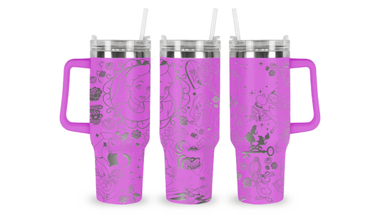 Stainless steel tumbler with an engraved Alice in Wonderland design, featuring Alice, the Cheshire Cat, and whimsical details.