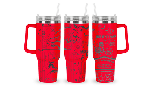 Engraved tumbler featuring Annabelle the doll with gothic and horror-themed accents.