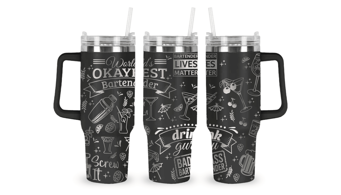 Stainless steel tumbler with an engraved bartender design, featuring cocktail shakers, glasses, and mixology tools.