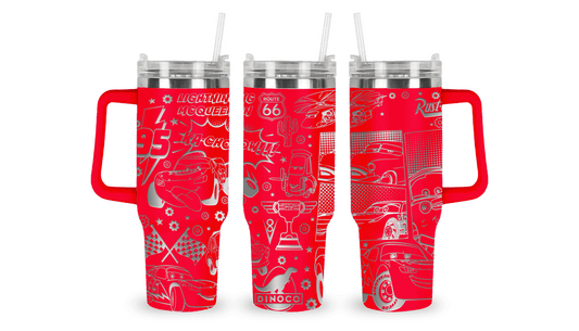 Stainless steel tumbler with an engraved Cars design, featuring Lightning McQueen, Mater, and racing elements