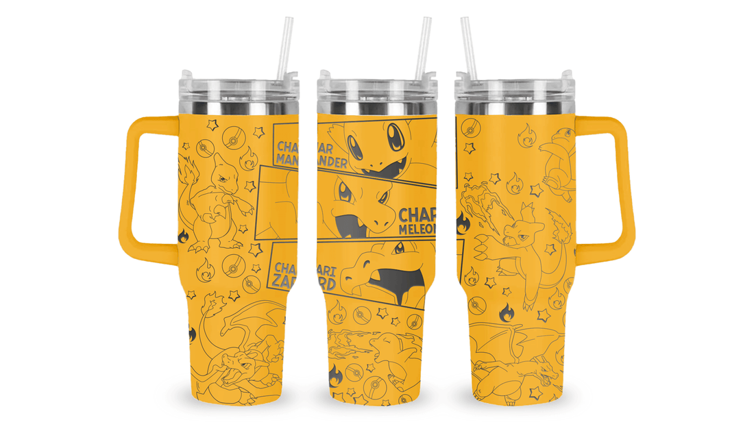 Stainless steel tumbler with an engraved Charmander design, featuring the Fire-type Pokémon with its flame tail.