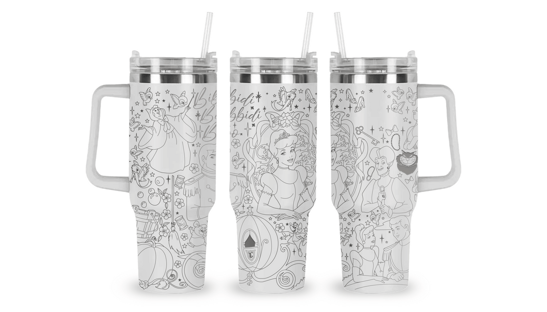 40oz stainless steel tumbler with an engraved Cinderella design, featuring her carriage and enchanting details.