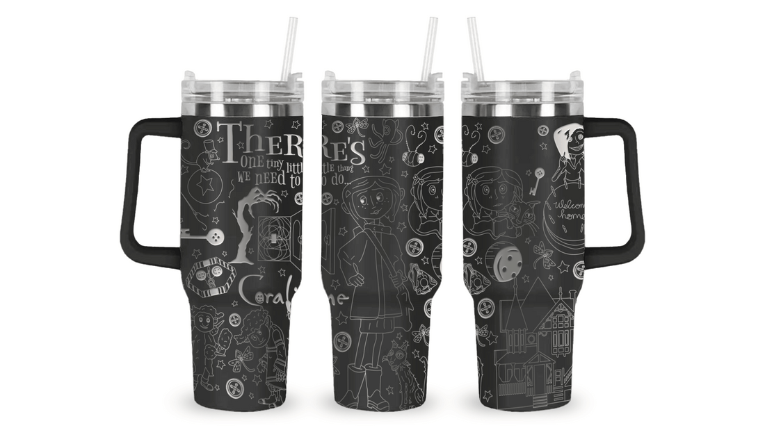 tainless steel mug with an engraved Coraline design, featuring Coraline, button-eyed details, and eerie elements.