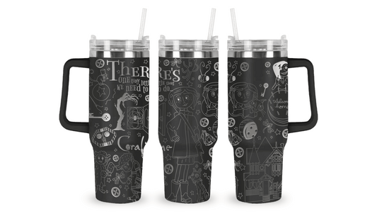 tainless steel mug with an engraved Coraline design, featuring Coraline, button-eyed details, and eerie elements.