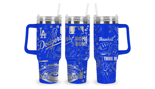 Stainless steel tumbler with an engraved Dodgers design, featuring the Dodgers logo and baseball-themed details