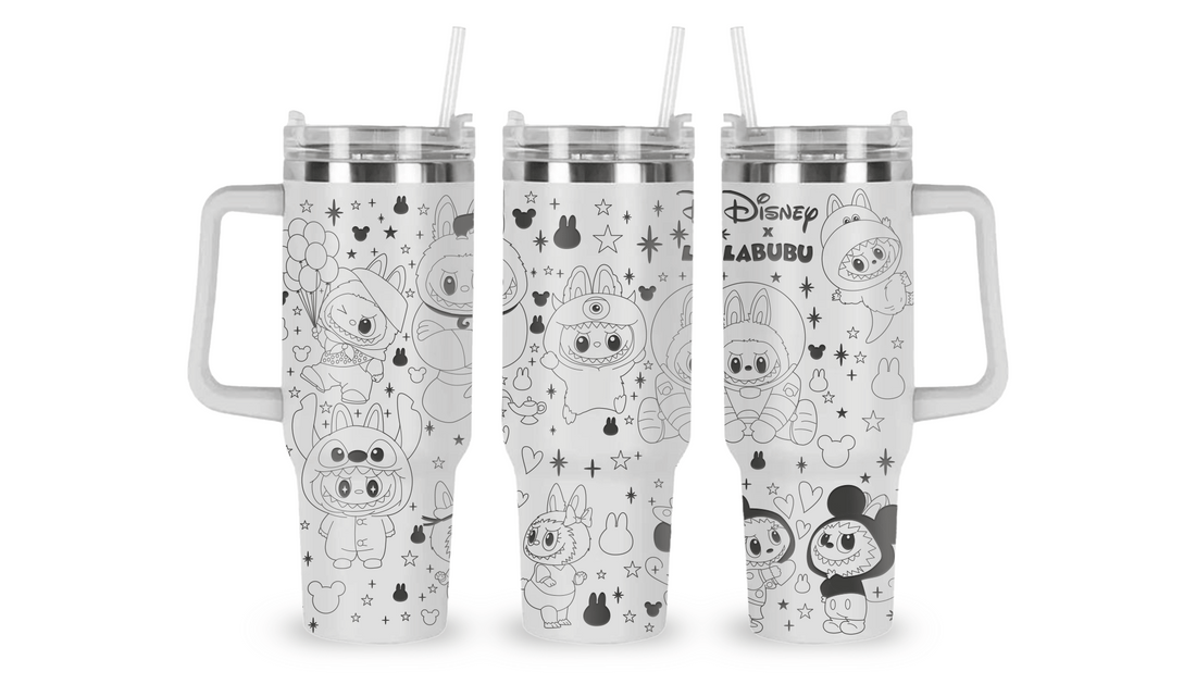 Engraved tumbler with Labubu characters in Disney costumes, surrounded by stars and Mickey icons.