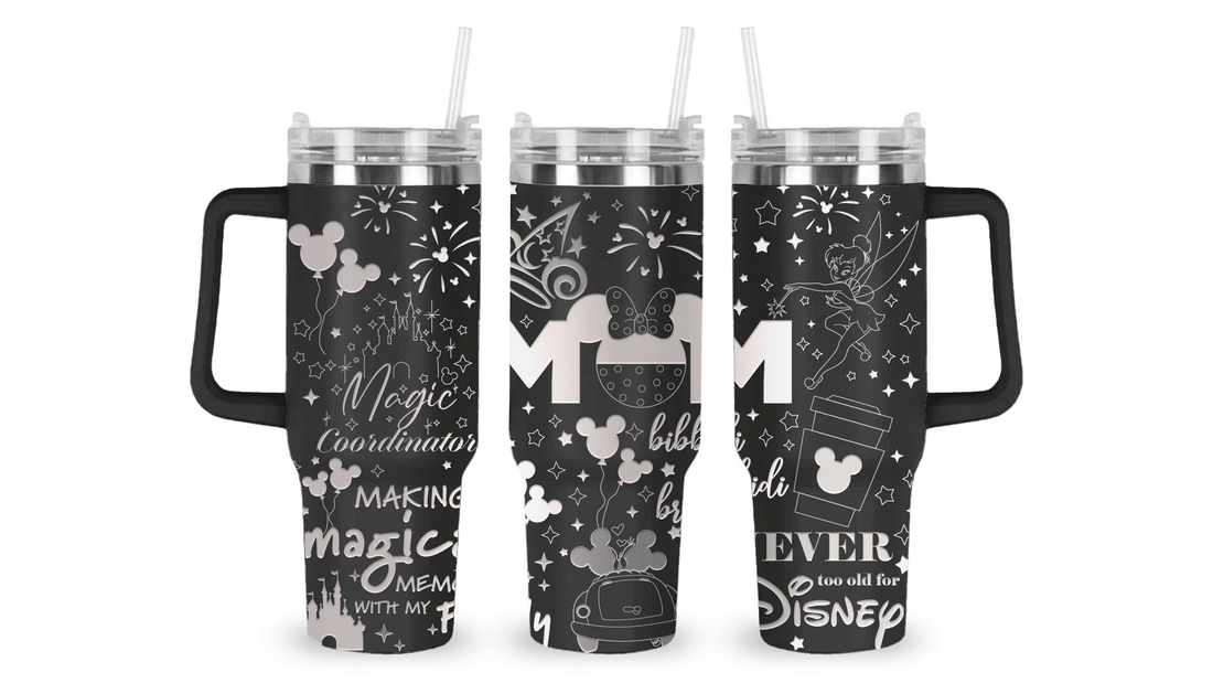 Stainless steel tumbler with an engraved Disney Mom design featuring Mickey ears and magical accents