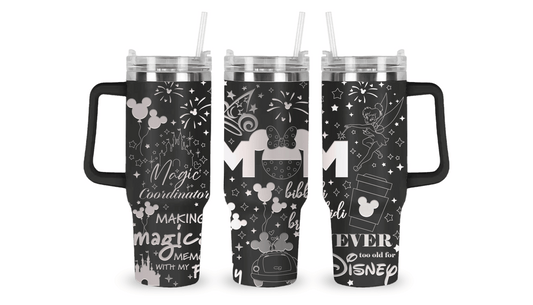 Stainless steel tumbler with an engraved Disney Mom design featuring Mickey ears and magical accents