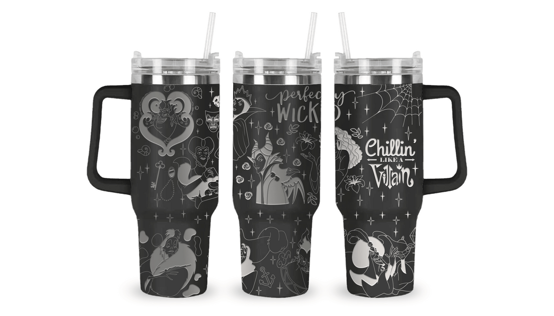Engraved tumbler with Disney Villains like Maleficent, Ursula, Evil Queen, and Cruella surrounded by magical motifs.