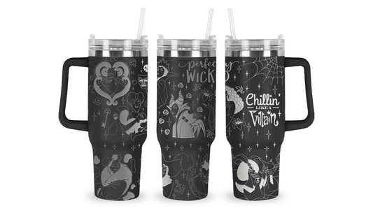 Engraved tumbler with Disney Villains like Maleficent, Ursula, Evil Queen, and Cruella surrounded by magical motifs.