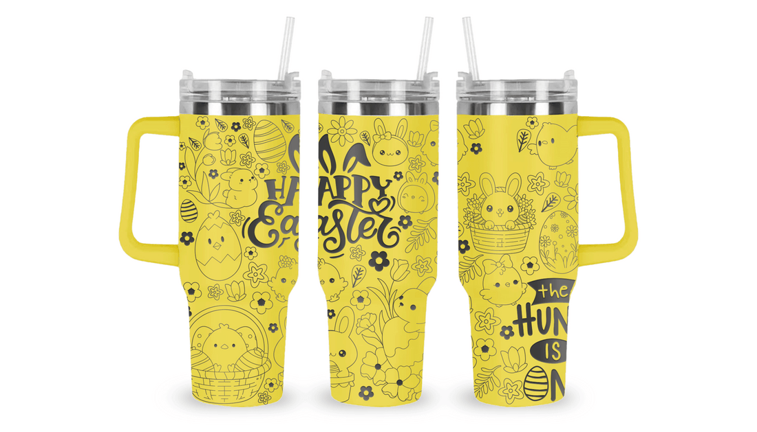 Stainless steel tumbler with an engraved Easter design, featuring bunnies, eggs, and floral details.
