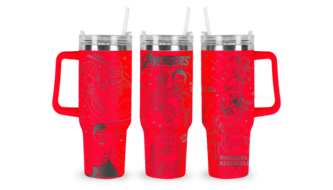 Stainless steel tumbler with an engraved Avengers Endgame design, showcasing iconic Marvel heroes