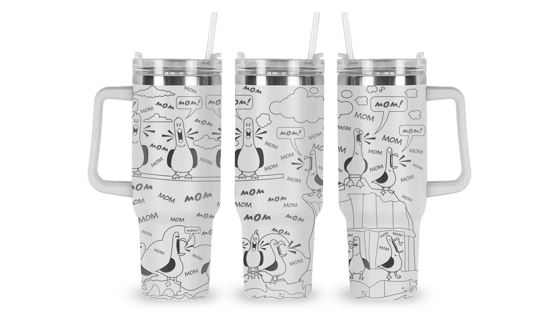 Engraved tumbler featuring Finding Nemo-style seagulls repeating the word 'Mom' in a playful design.