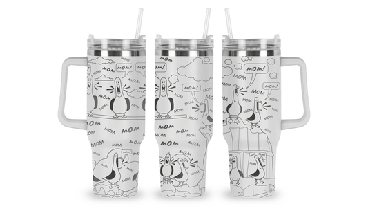 Engraved tumbler featuring Finding Nemo-style seagulls repeating the word 'Mom' in a playful design.