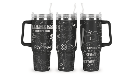 Stainless steel tumbler with an engraved video game design, featuring controllers, pixels, and gaming icons.