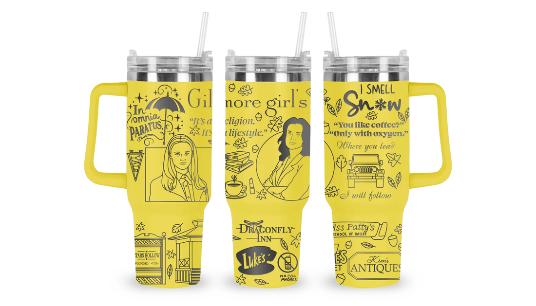 Engraved tumbler featuring Gilmore Girls-inspired elements like coffee cups, quotes, and Stars Hollow details