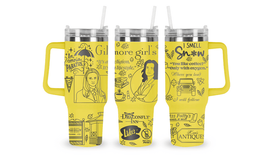 Engraved tumbler featuring Gilmore Girls-inspired elements like coffee cups, quotes, and Stars Hollow details