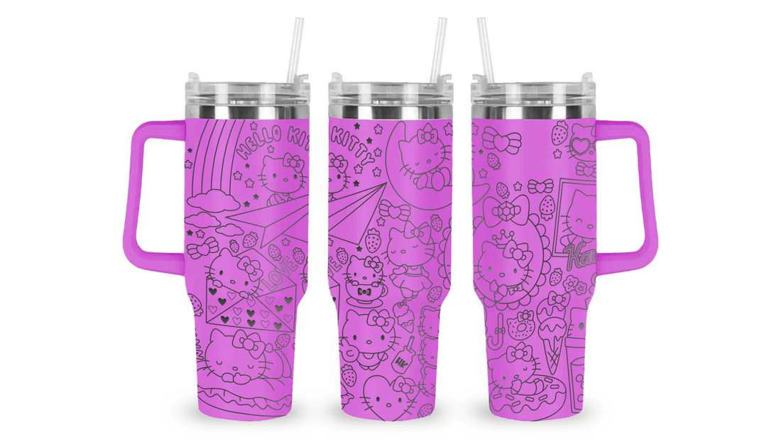 Stainless steel tumbler with an engraved Hello Kitty design, featuring Hello Kitty’s iconic bow and cute details.