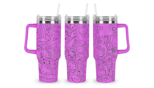 Stainless steel tumbler with an engraved Hello Kitty design, featuring Hello Kitty’s iconic bow and cute details.