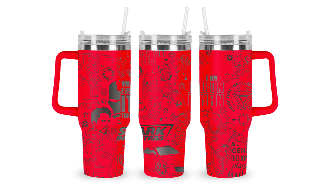 Stainless steel tumbler with an engraved Iron Man design, featuring Iron Man’s helmet, arc reactor, and tech-inspired details