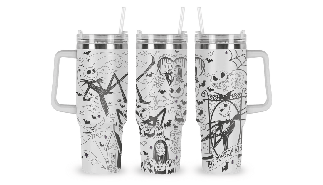 Stainless steel mug with an engraved Jack Skellington design, featuring Jack’s face, spooky swirls, and eerie elements.