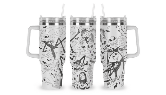 Stainless steel mug with an engraved Jack Skellington design, featuring Jack’s face, spooky swirls, and eerie elements.