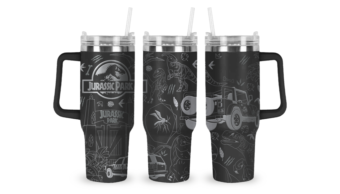 40oz stainless steel tumbler featuring an intricately engraved design inspired by Jurassic Park. The detailed etching showcases the iconic T-Rex logo, capturing the adventure and thrill of the classic film on a durable, high-capacity drinkware piece.