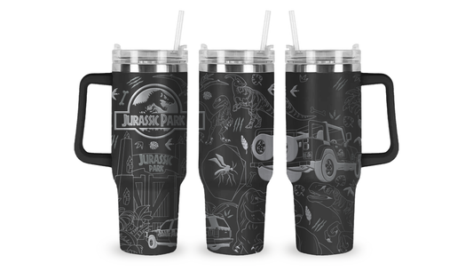 40oz stainless steel tumbler featuring an intricately engraved design inspired by Jurassic Park. The detailed etching showcases the iconic T-Rex logo, capturing the adventure and thrill of the classic film on a durable, high-capacity drinkware piece.