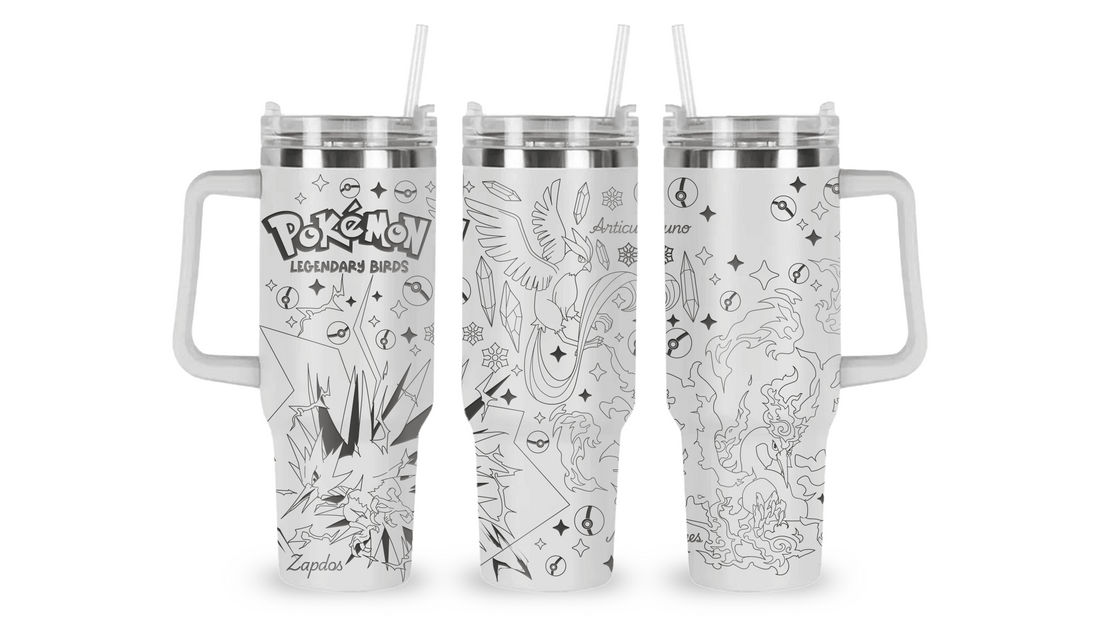 Stainless steel tumbler with an engraved Pokémon Legendary Kanto Birds design, featuring Articuno, Zapdos, and Moltres