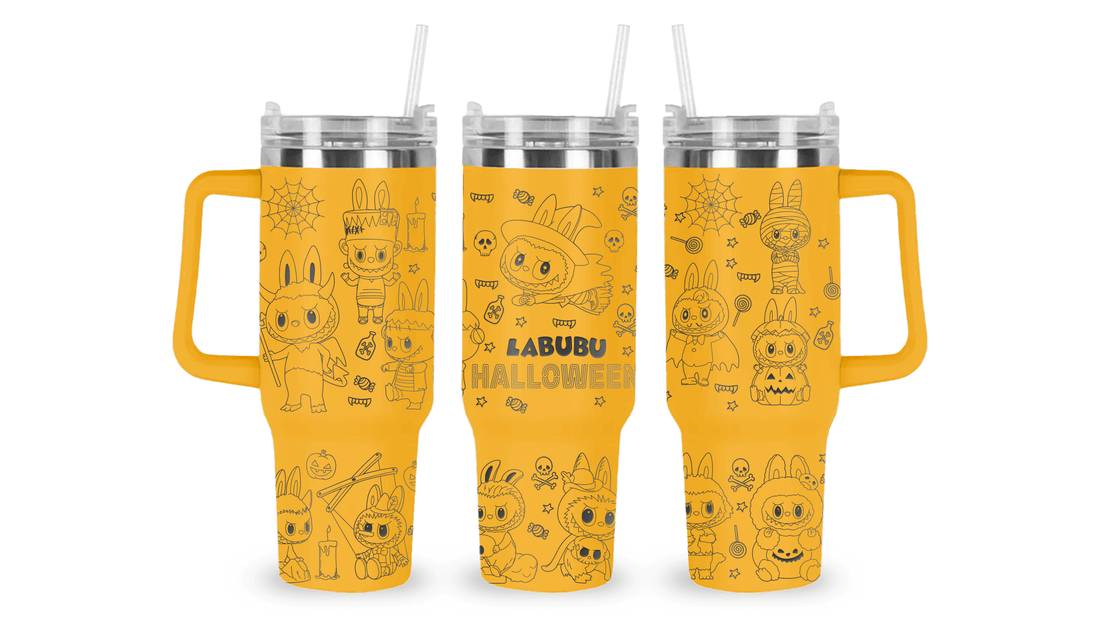 Engraved tumbler featuring Labubu in Halloween costumes with pumpkins, bats, and spooky decorations.