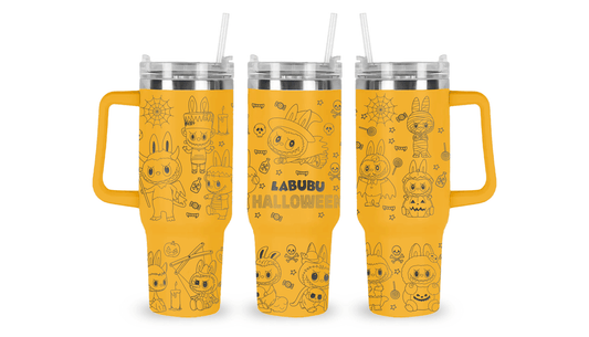 Engraved tumbler featuring Labubu in Halloween costumes with pumpkins, bats, and spooky decorations.