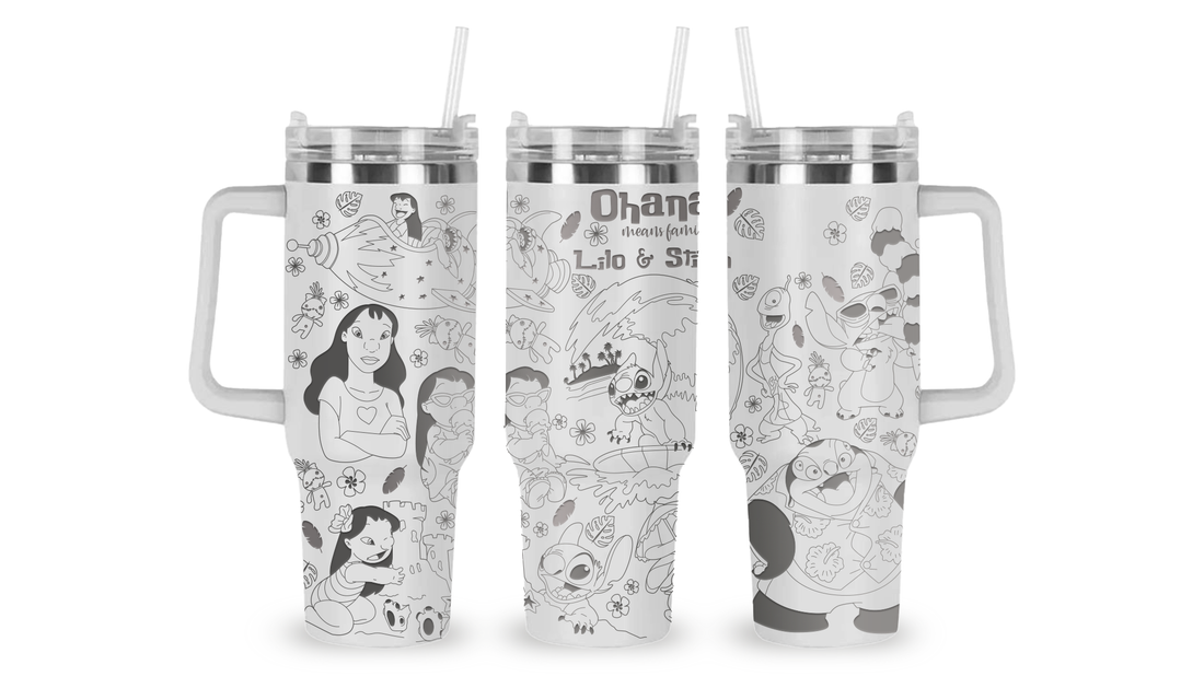 40oz stainless steel tumbler featuring an intricately engraved design inspired by Lilo & Stitch. The detailed etching showcases Stitch in a playful, tropical-themed setting, adding a fun and stylish touch to this high-capacity drinkware piece.