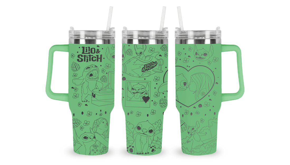 Engraved tumbler featuring Lilo and Stitch in a modern live-action style with tropical and space-themed elements.
