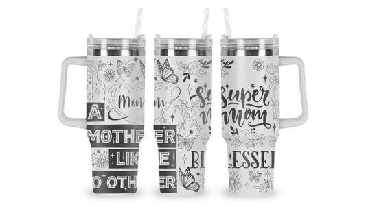 Stainless steel tumbler with an engraved Mother's Day design, featuring heartfelt messages and floral accents.