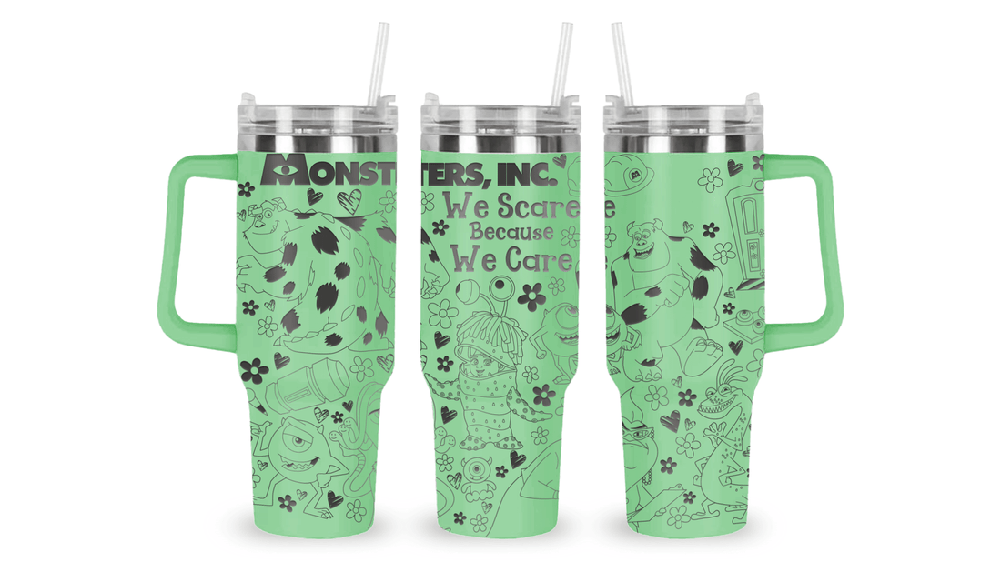 Stainless steel mug with an engraved Monsters, Inc. design, featuring Sulley, Mike Wazowski, and factory-themed details.