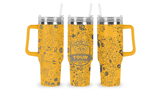 Stainless steel tumbler with an engraved Pokémon GO Tour: Los Angeles 2025 design, featuring event-inspired details