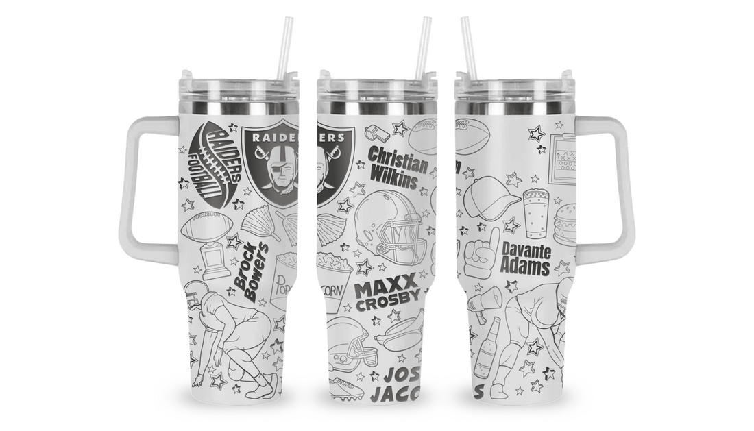 Stainless steel mug with an engraved Raiders design, featuring the team logo and football-inspired elements.