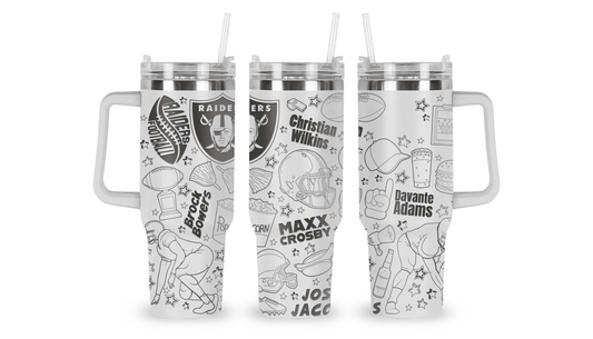 Stainless steel mug with an engraved Raiders design, featuring the team logo and football-inspired elements.