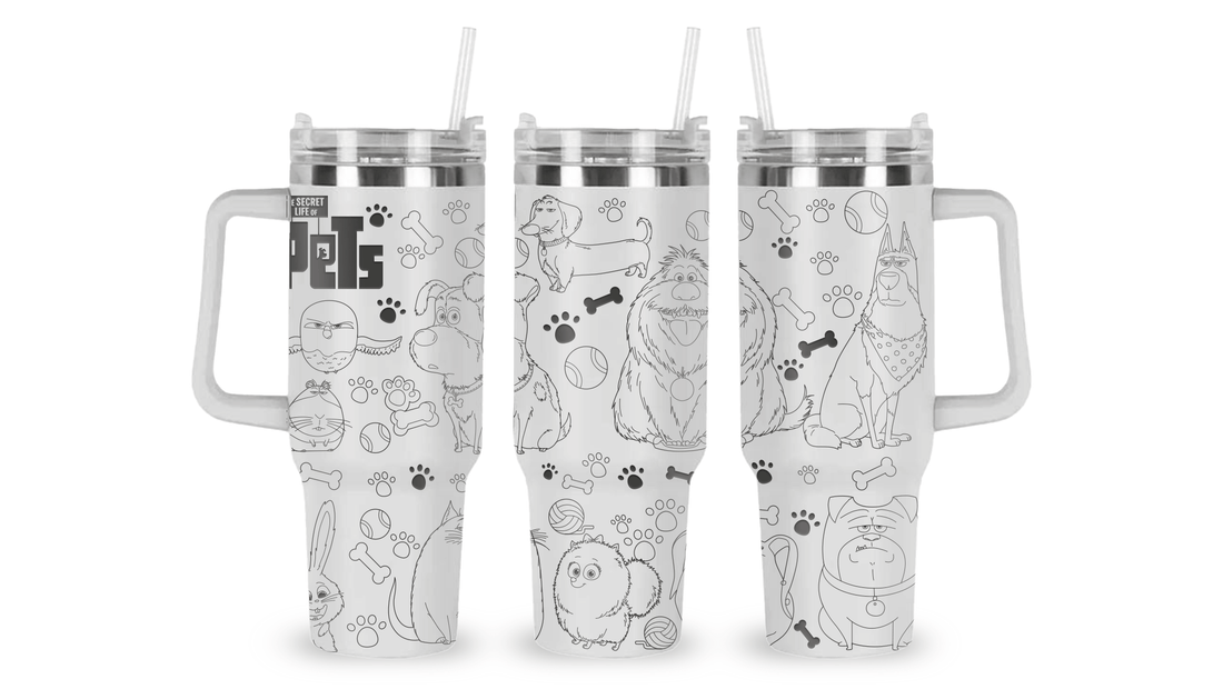 Engraved tumbler featuring characters from Secret Life of Pets including Max, Gidget, and Snowball with fun pet-themed details.