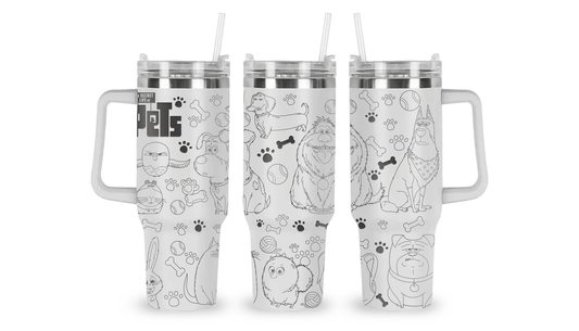 Engraved tumbler featuring characters from Secret Life of Pets including Max, Gidget, and Snowball with fun pet-themed details.
