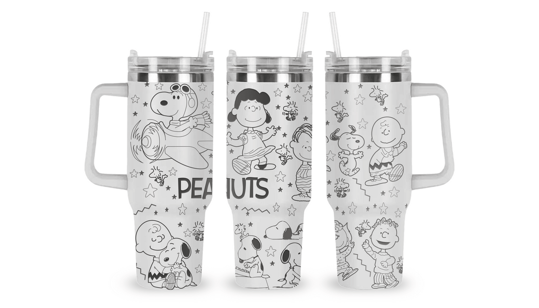 "Engraved tumbler featuring Snoopy in playful poses with stars, hearts, and Peanuts-inspired details.