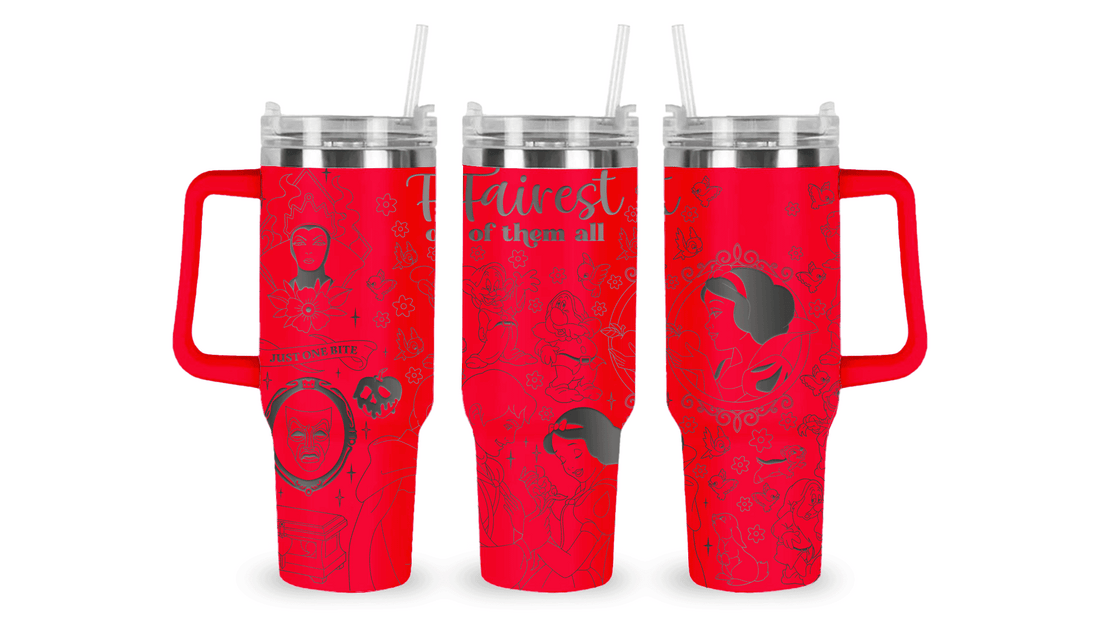 Stainless steel tumbler with an engraved Snow White design, featuring Snow White, an enchanted apple, and woodland details