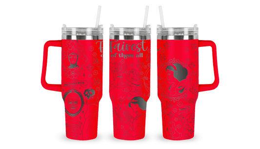 Stainless steel tumbler with an engraved Snow White design, featuring Snow White, an enchanted apple, and woodland details