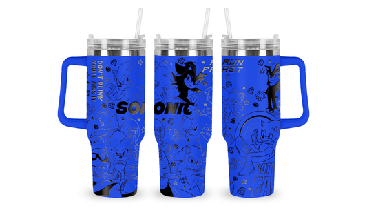 Stainless steel tumbler with an engraved Sonic 3: The Movie design, featuring Sonic, Tails, Knuckles, and Shadow.