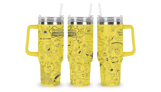 Stainless steel mug with an engraved SpongeBob SquarePants design, featuring SpongeBob, Patrick, and underwater-themed elements.