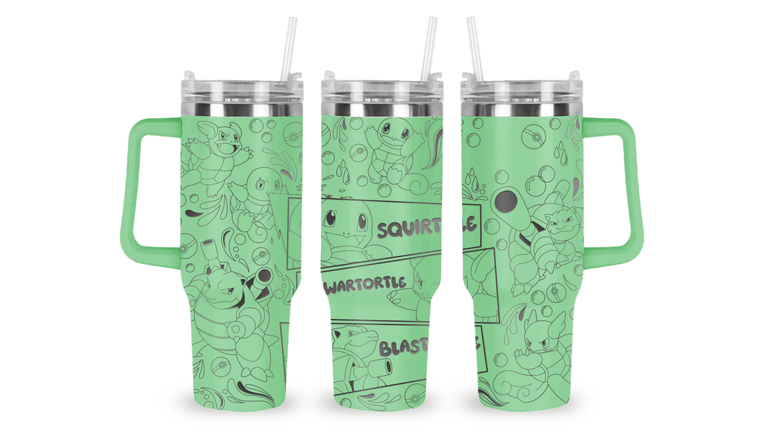 Stainless steel tumbler with an engraved Squirtle design, featuring the Water-type Pokémon in an action pose.