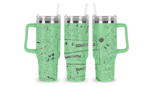 Stainless steel tumbler with an engraved Squirtle design, featuring the Water-type Pokémon in an action pose.