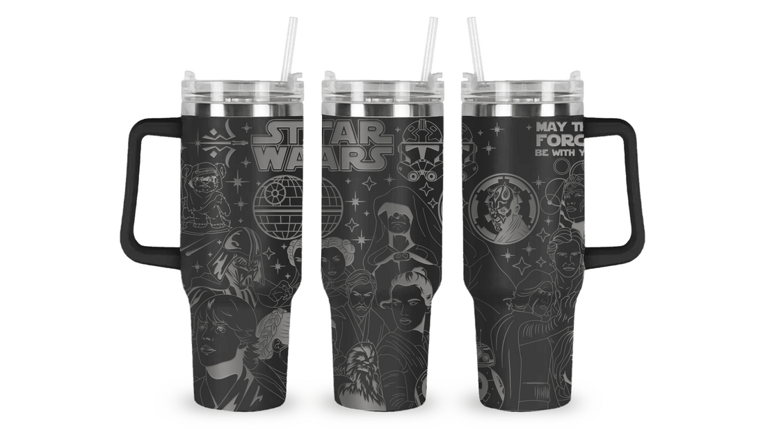 Stainless steel tumbler with an engraved Star Wars design, featuring iconic characters and symbols.